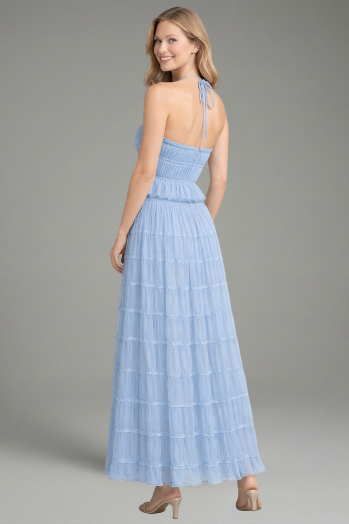 Female model back view on plain gray background