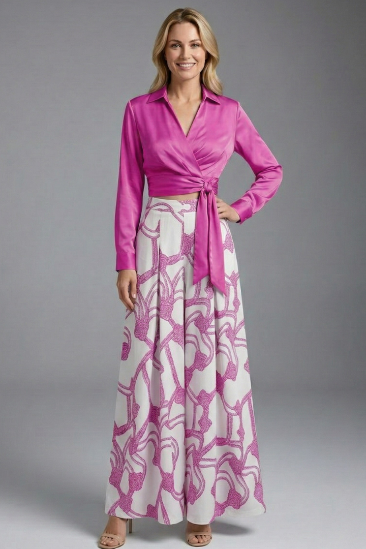 Woman stylish matching set, gray background