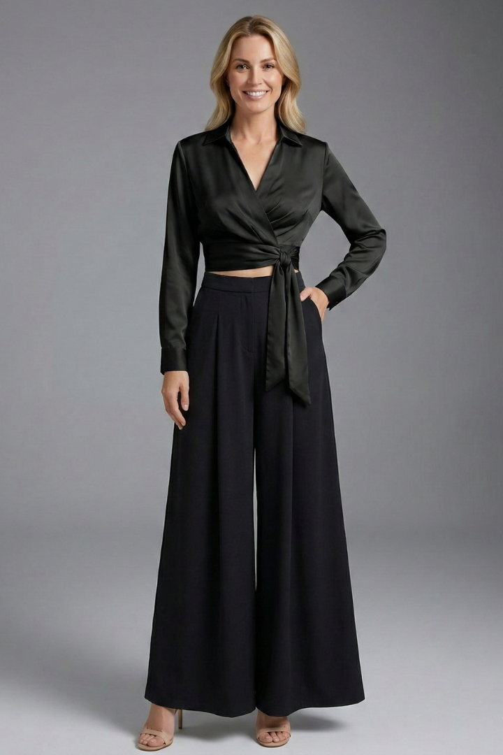 Model full outfit black set in front view and gray background