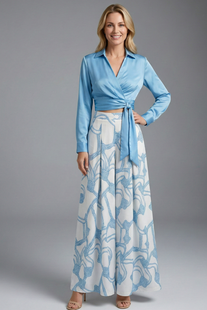 Woman front pose wearing fashion outfit set on plain gray background