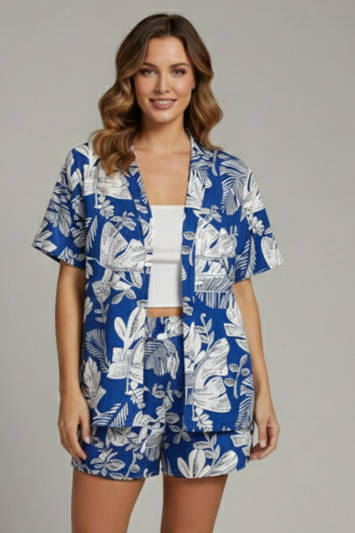 Female model showing front angle of printed summer co-ord.