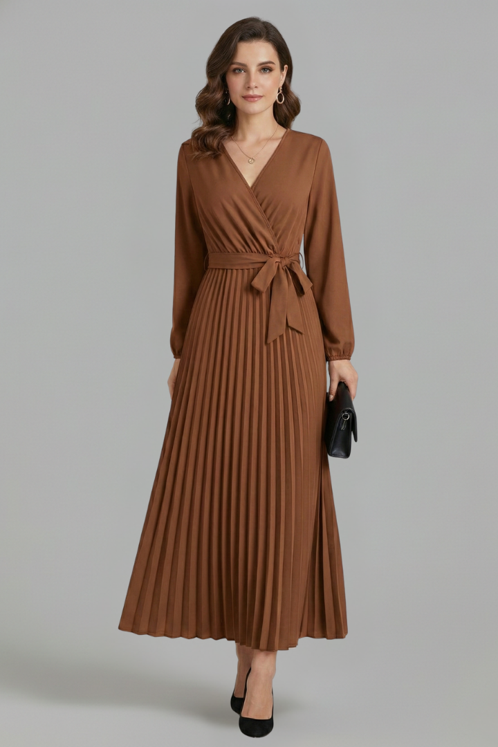 Model in full body front brown dress image in studio setting