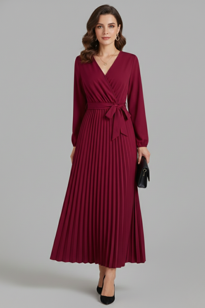 Front view pleated maxi red dress on gray background