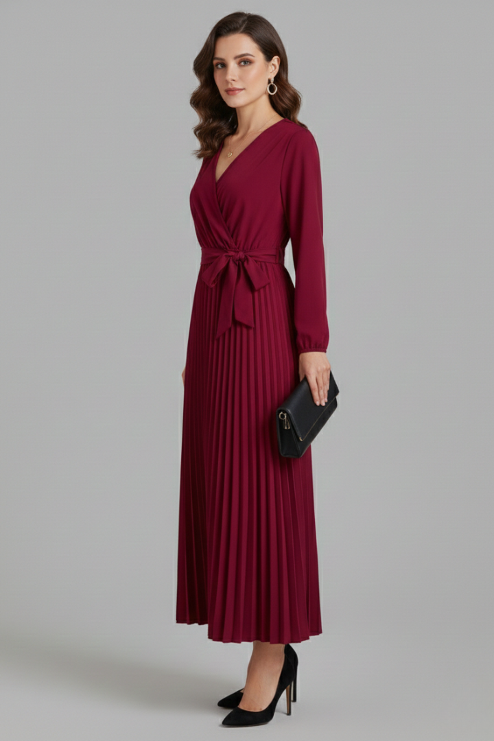 Side angle elegant pleated dress with tie waist