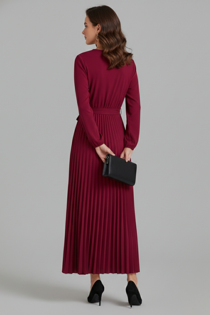 Back view flowing long dress on white background