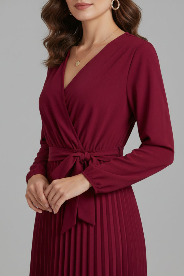 Model in close up puff sleeve detail on maxi dress