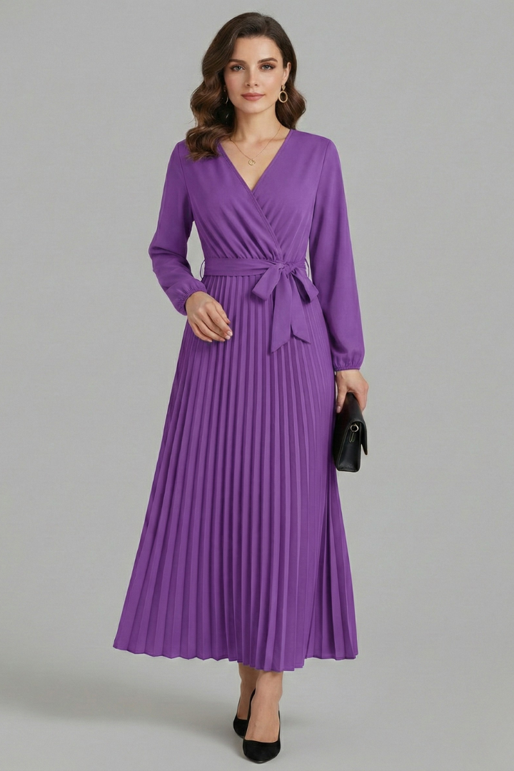 Full length purple dress front angle studio gray background