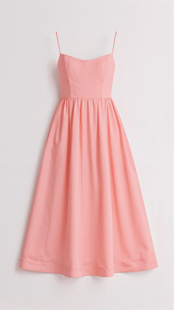 Female showcasing a versatile midi dress with delicate straps and fluid movement against a plain background.
