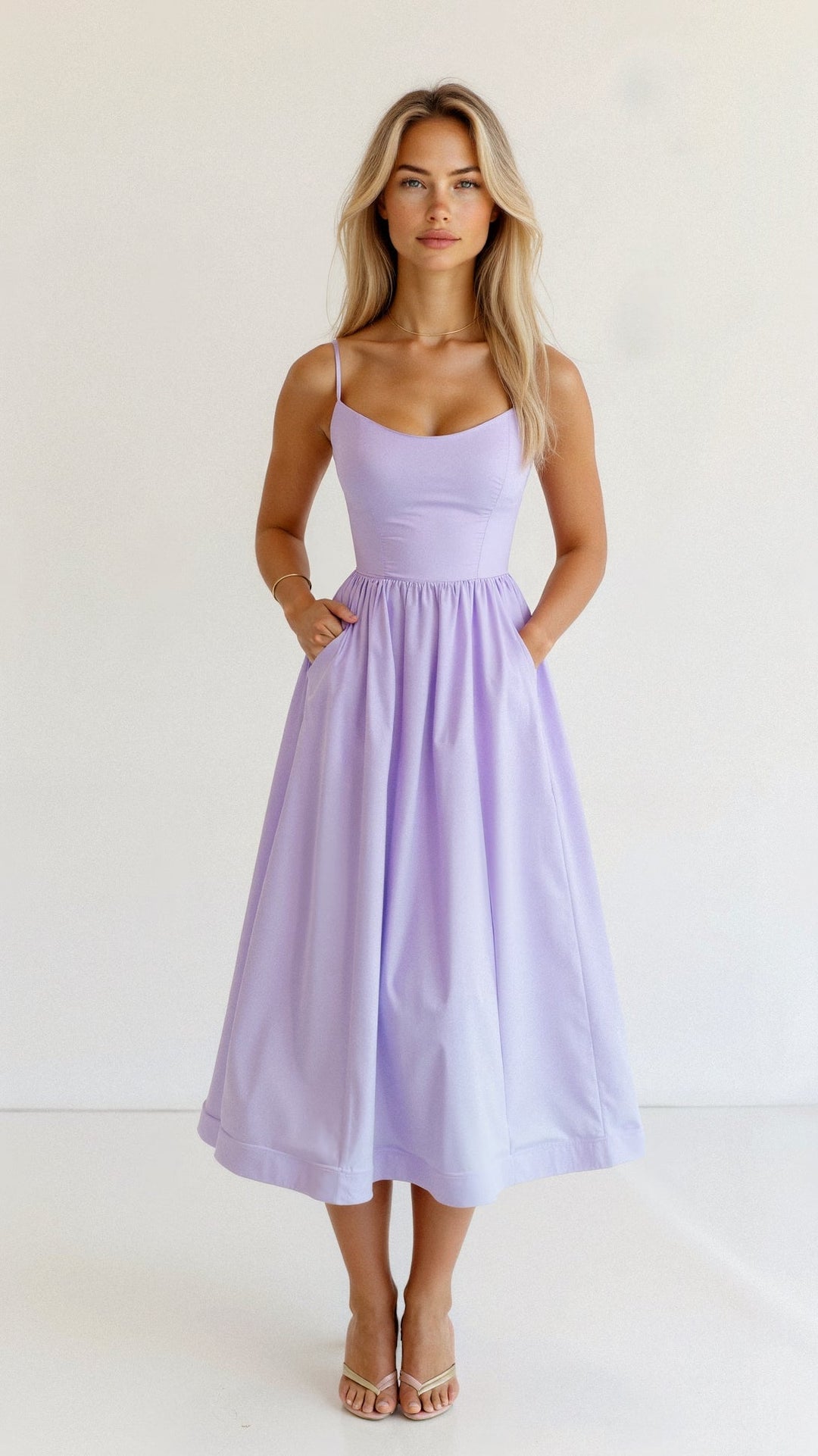 Woman displaying an elegant A-line dress with soft movement and slim straps on a plain background.