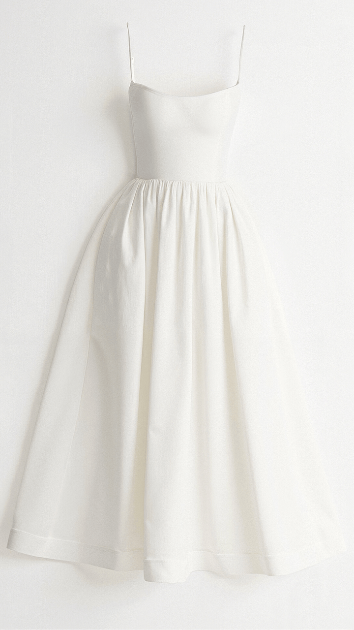Female model in a lightweight A-line midi dress with delicate shoulder straps against a plain background.