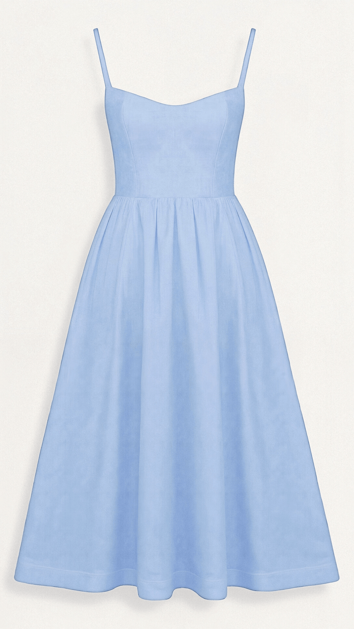 Female wearing a stylish sleeveless midi dress with a flowing drape against a plain background.