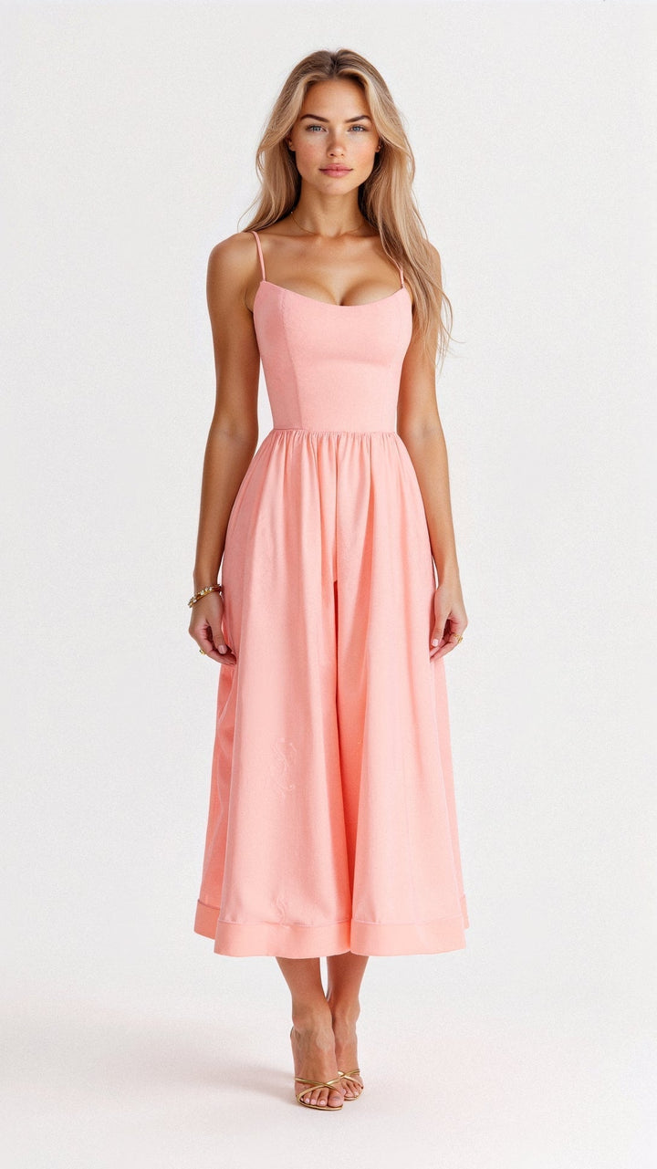 Woman in a flowing sleeveless dress designed with a relaxed fit on a plain background.