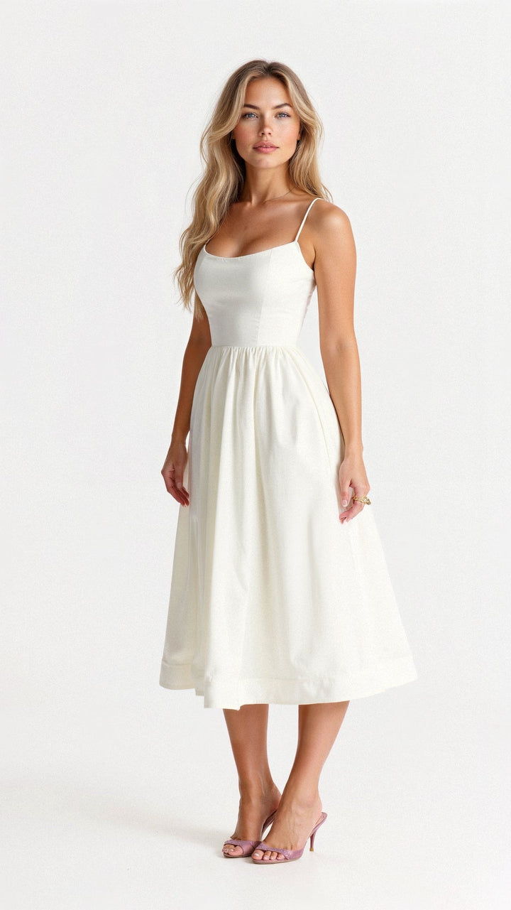 Female wearing a flowing A-line midi dress with spaghetti straps against a plain background.