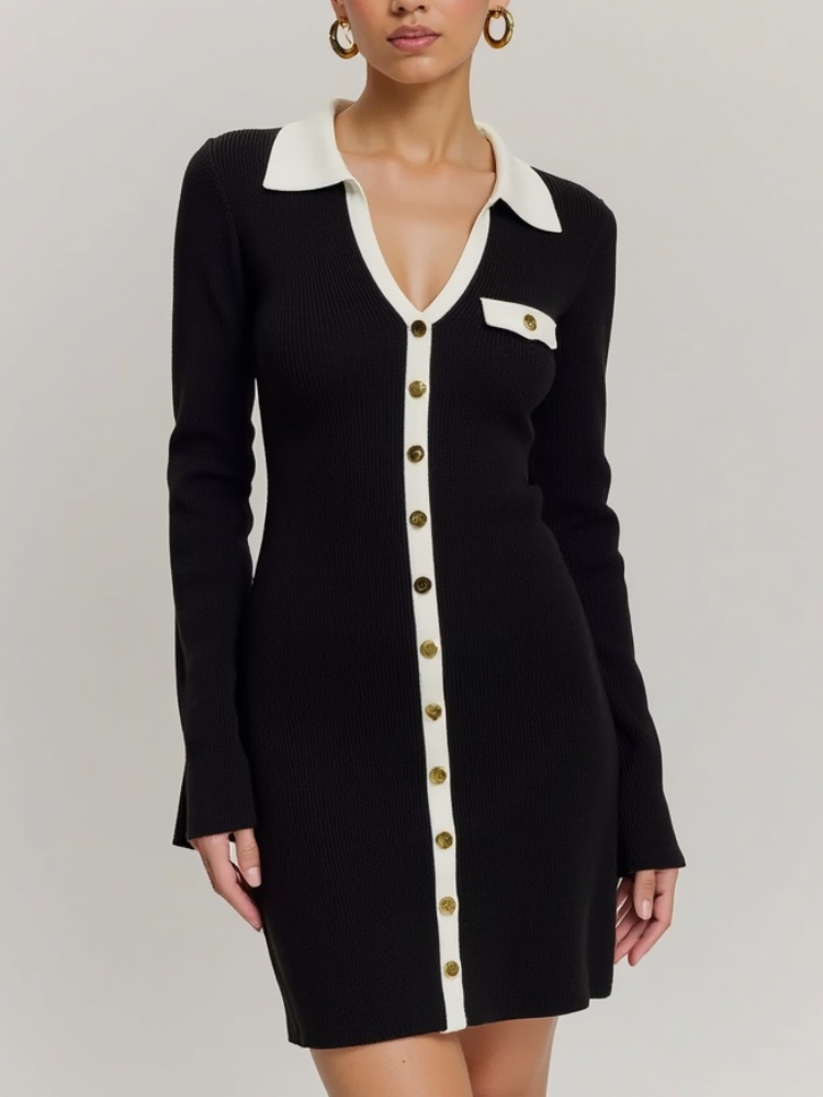 Female model wearing a collared button front knit dress with contrast trim on a plain background.