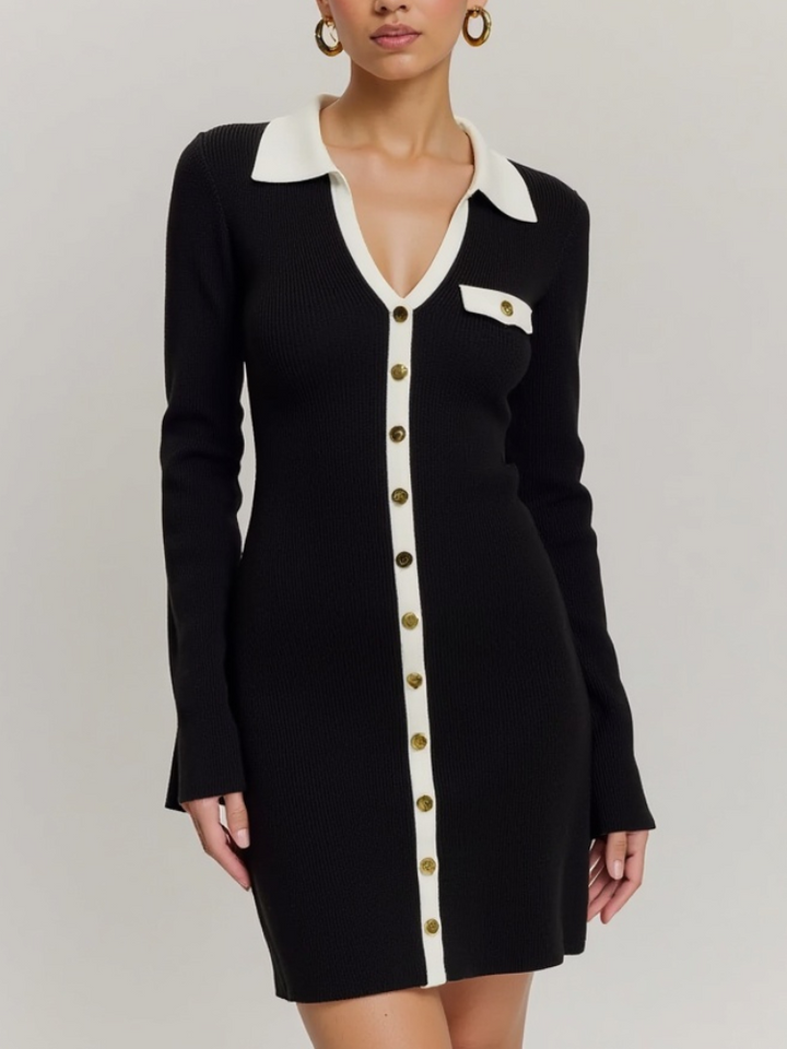 Female model wearing a collared button front knit dress with contrast trim on a plain background.
