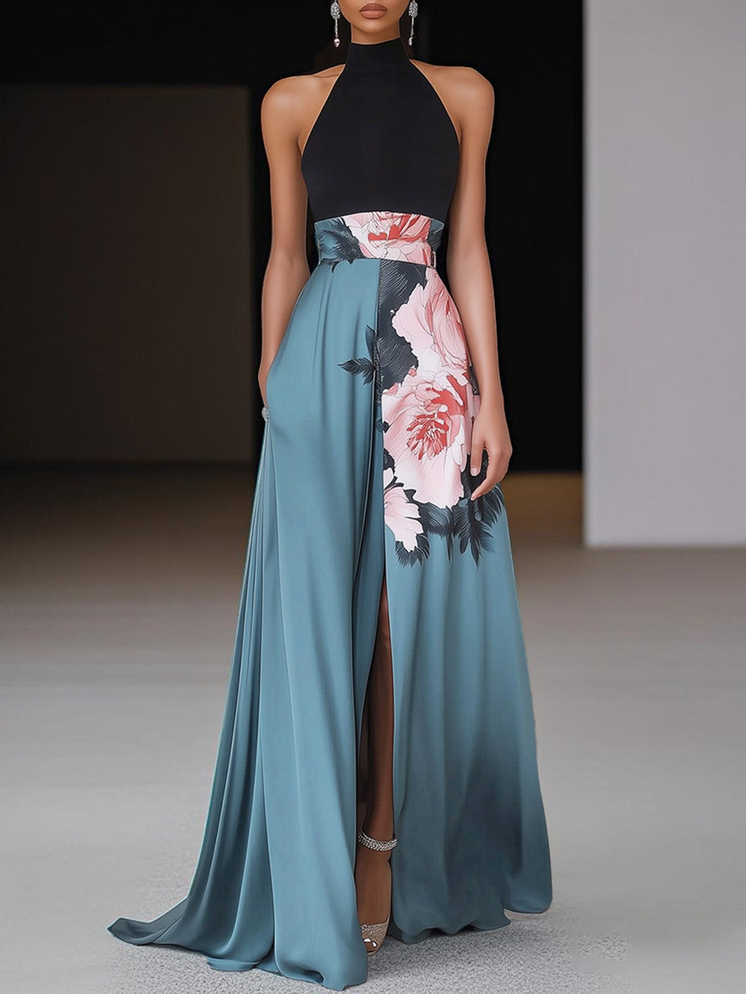 Floral maxi dress on female model with plain background.