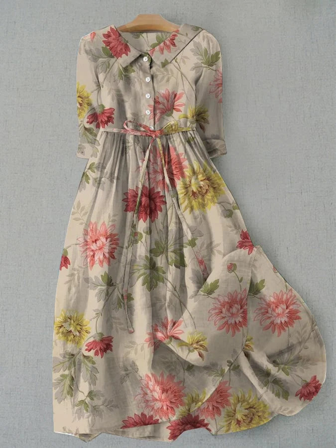 Lightweight floral dress styled for a sunny outdoor day.