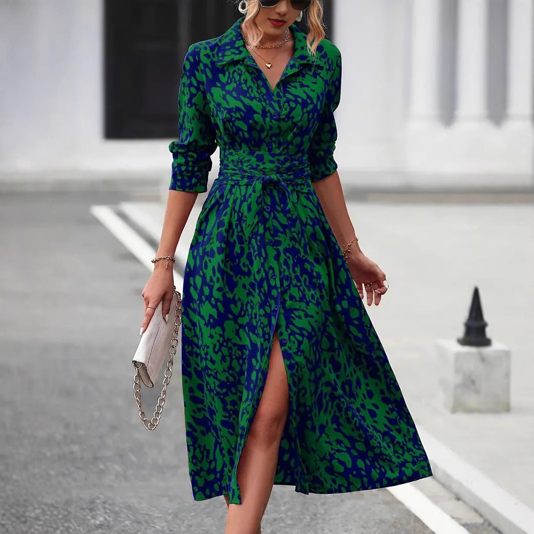 Woman in a simple button-front midi dress with a flattering defined waist.