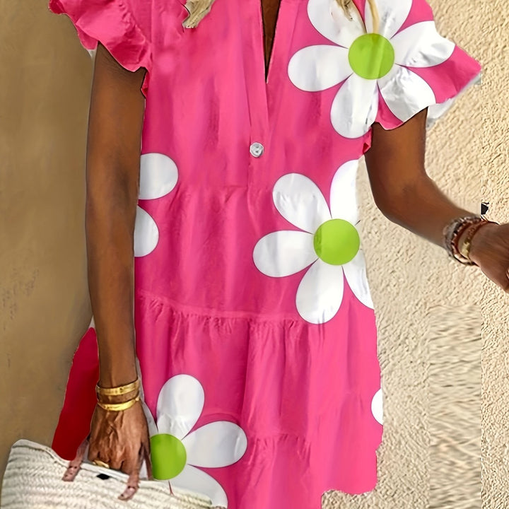 Woman wearing a floral curve enhancing dress with a flattering waist and flowing skirt.
