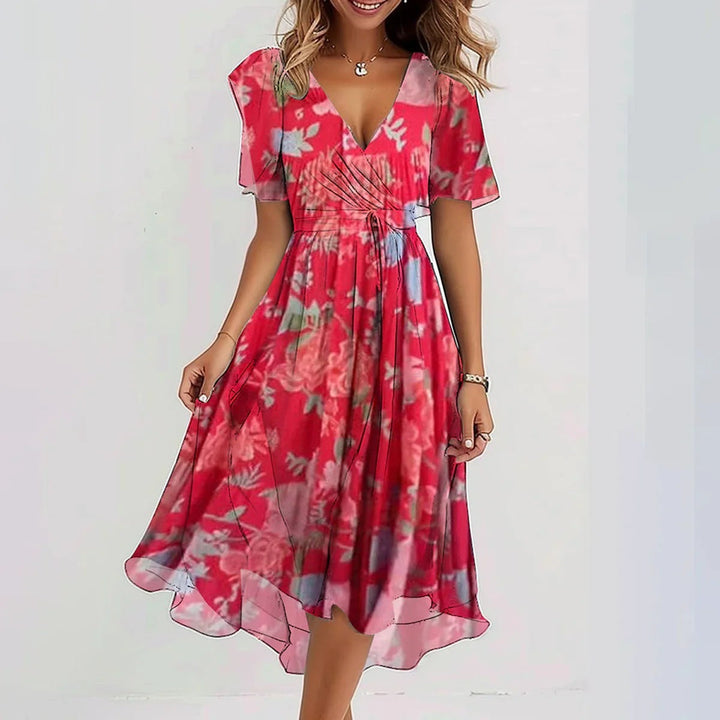 Breathable elegant dress with model on a plain background showing soft drape details.
