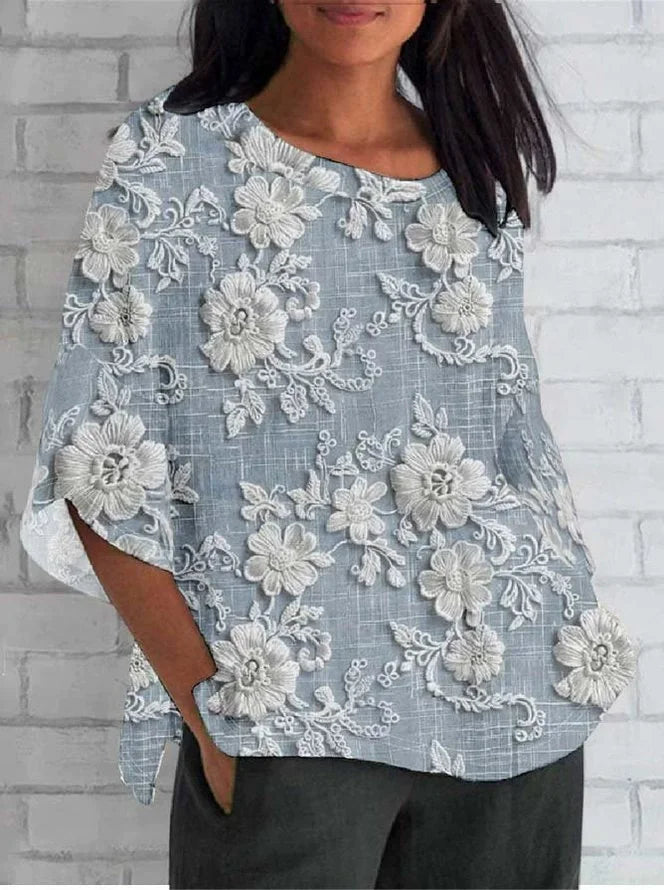 Soft floral print blouse with model against a plain background highlighting airy fabric.