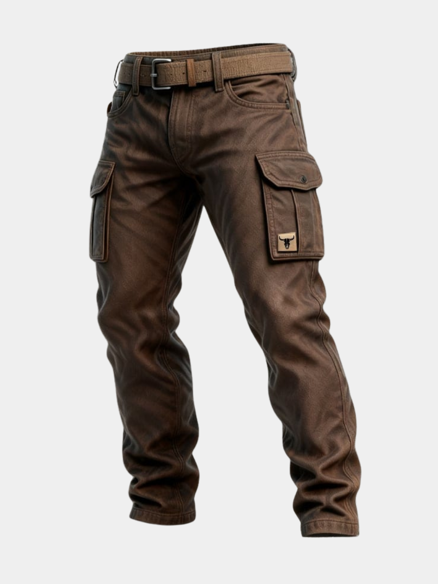 Cargo pants with utility pockets against a plain background.