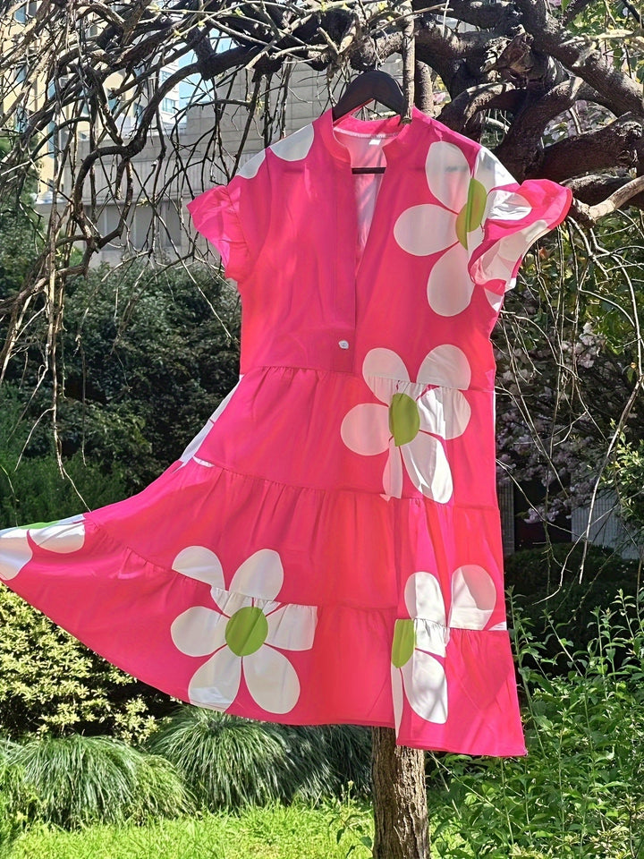 Elegant women’s floral dress designed with a graceful silhouette and airy feel, hang in a tree, nature background