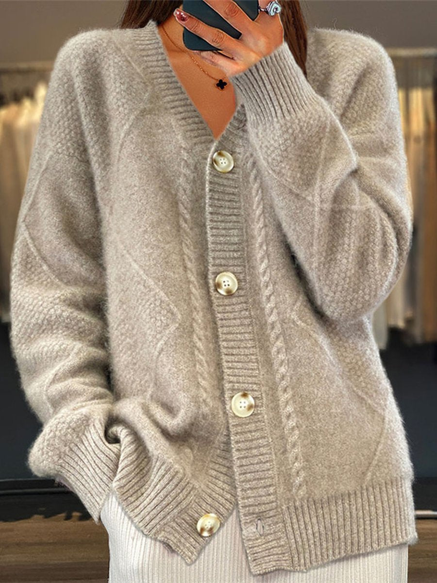 Adriana | Women's Cozy V-Neck Cardigan Sweater for - Cable Knit — Beige