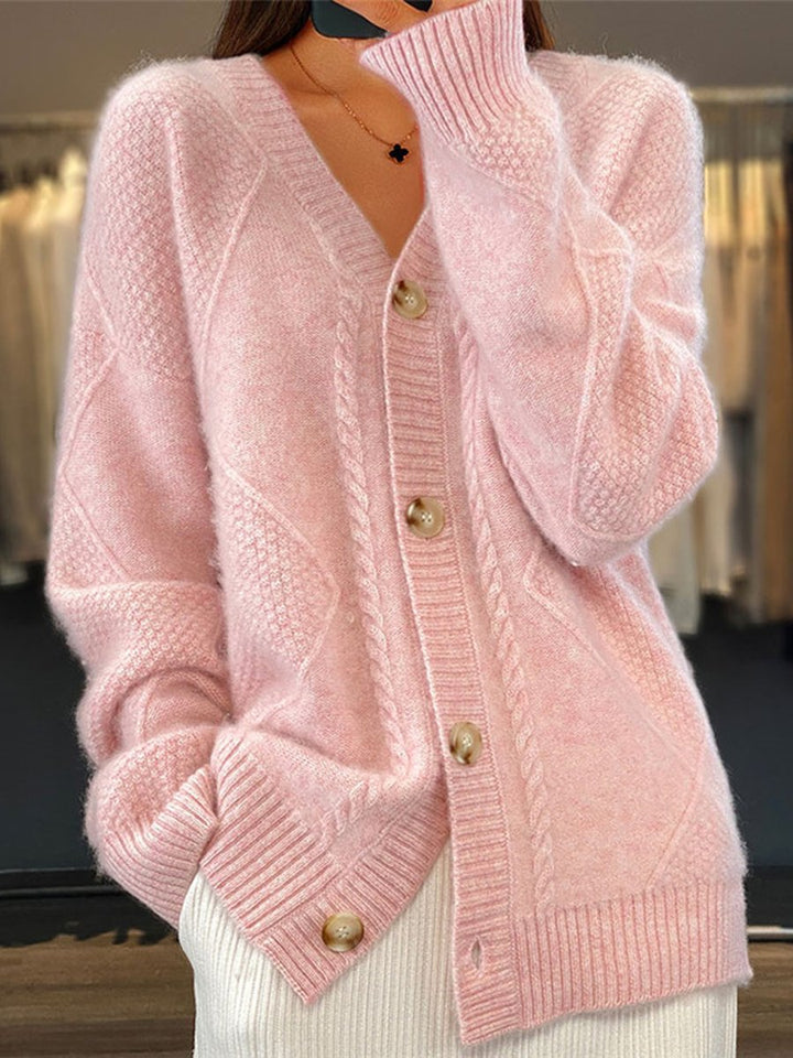Adriana | Women's Cozy V-Neck Cardigan Sweater for - Cable Knit — Pink