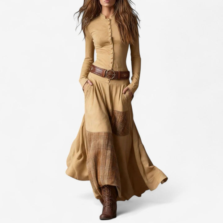 Aelianne | Plaid Patchwork Button-Up Long Sleeve Maxi Dress