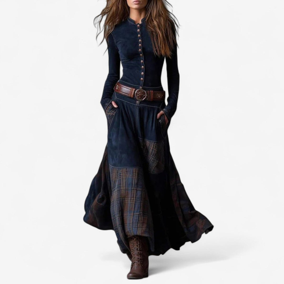 Aelianne | Plaid Patchwork Button-Up Long Sleeve Maxi Dress