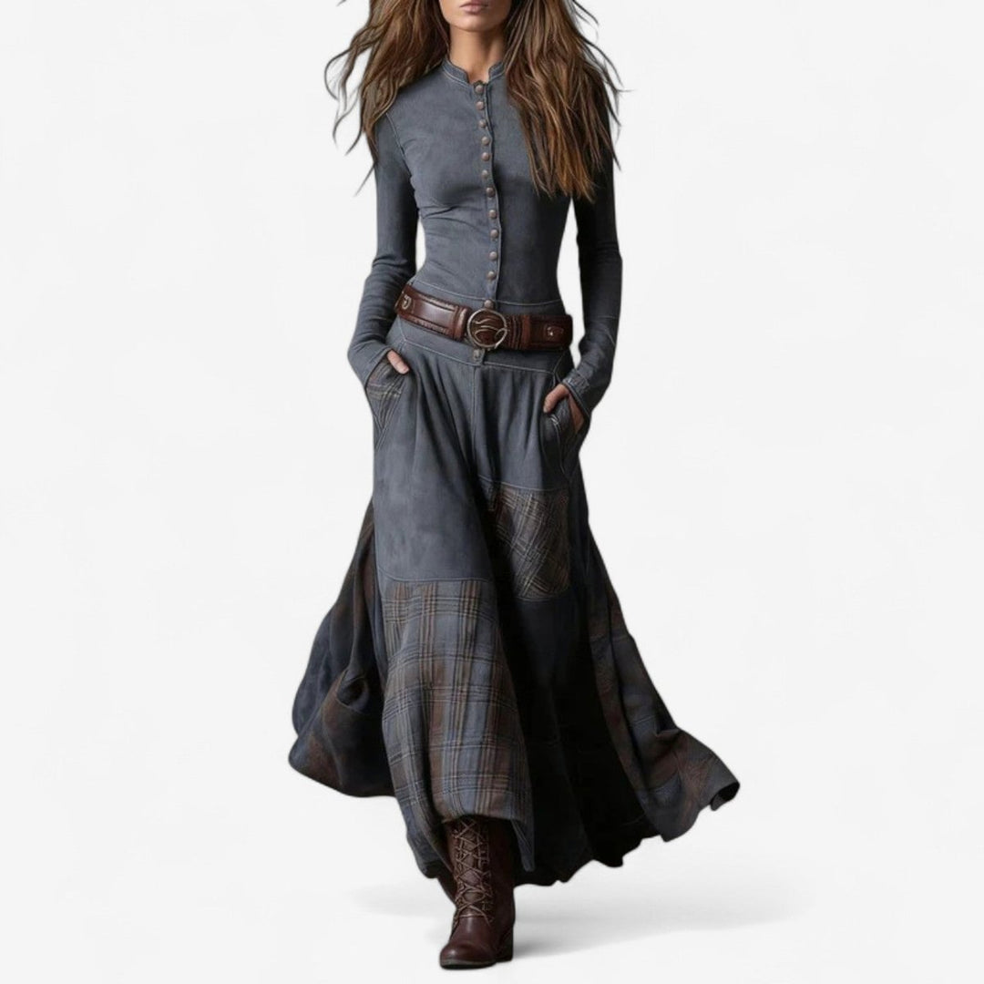 Aelianne | Plaid Patchwork Button-Up Long Sleeve Maxi Dress