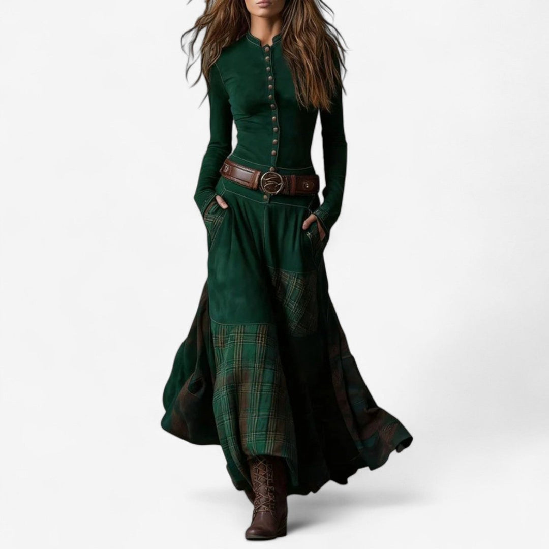 Aelianne | Plaid Patchwork Button-Up Long Sleeve Maxi Dress