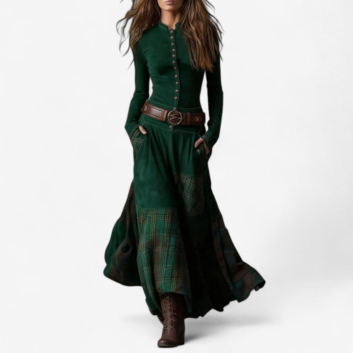Aelianne | Plaid Patchwork Button-Up Long Sleeve Maxi Dress