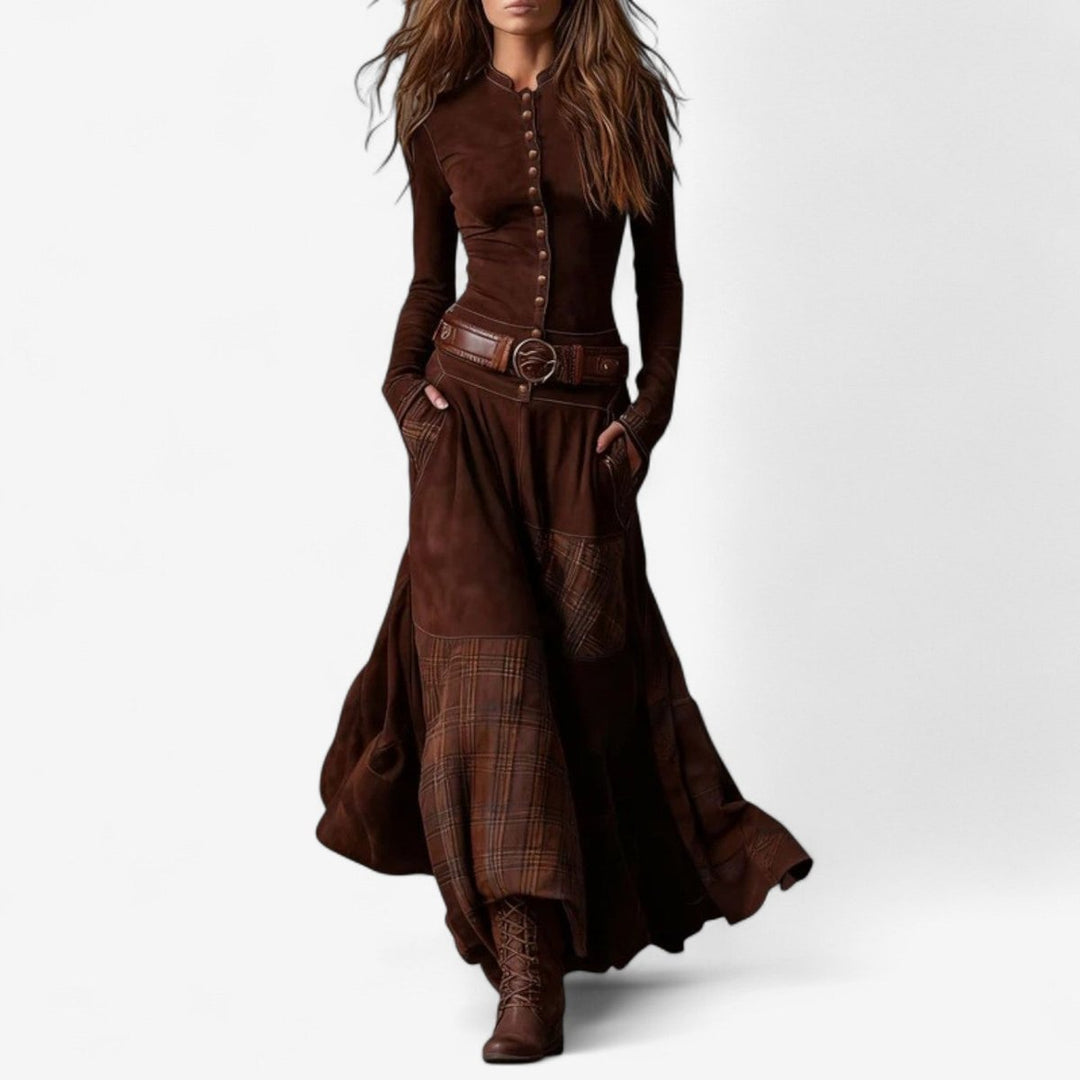 Aelianne | Plaid Patchwork Button-Up Long Sleeve Maxi Dress