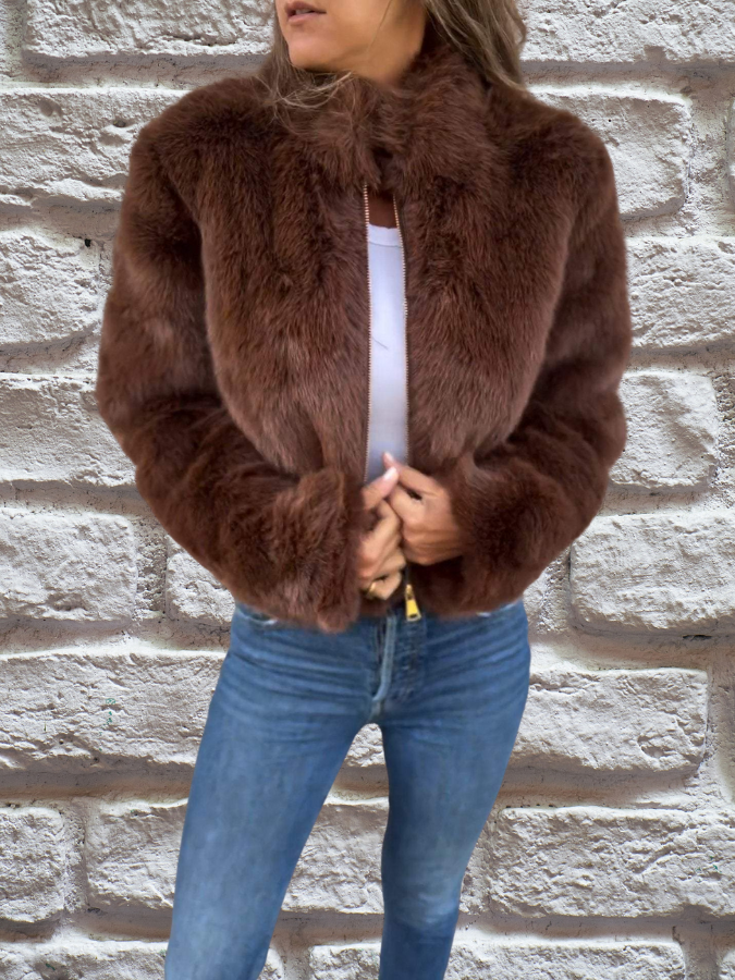 Aelibelle | Women's Cropped Fuzzy Faux Fur Jacket