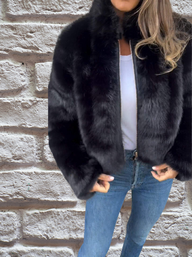 Aelibelle | Women's Cropped Fuzzy Faux Fur Jacket