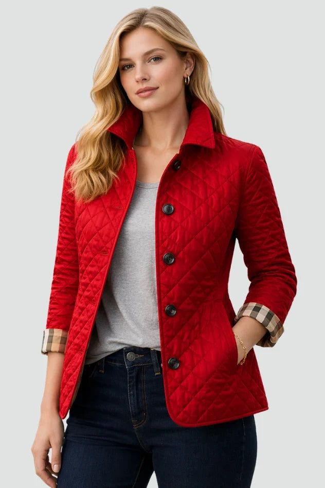 Aeliisse | Women's Diamond Button Front Long Sleeve Jacket — Red