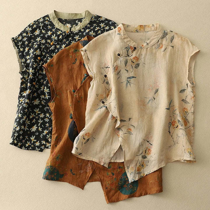 Breezy sleeveless top on a clean background with graceful classic styling.