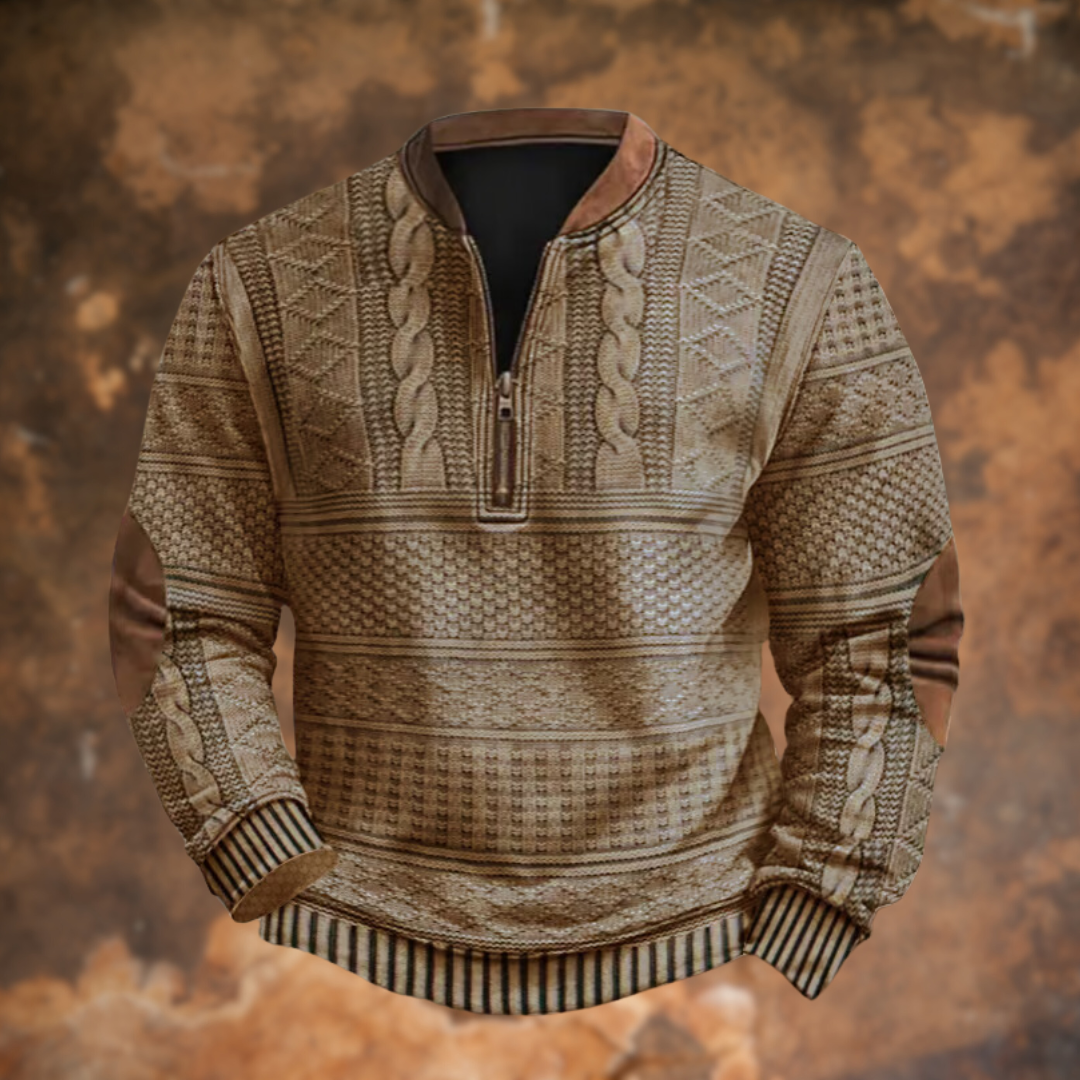 Alessandro | Men's Cozy Knit Sweater with Quarter Zip and Pattern Panels — Beige