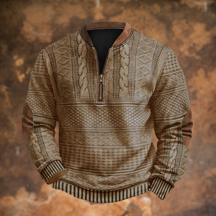 Alessandro | Men's Cozy Knit Sweater with Quarter Zip and Pattern Panels — Beige