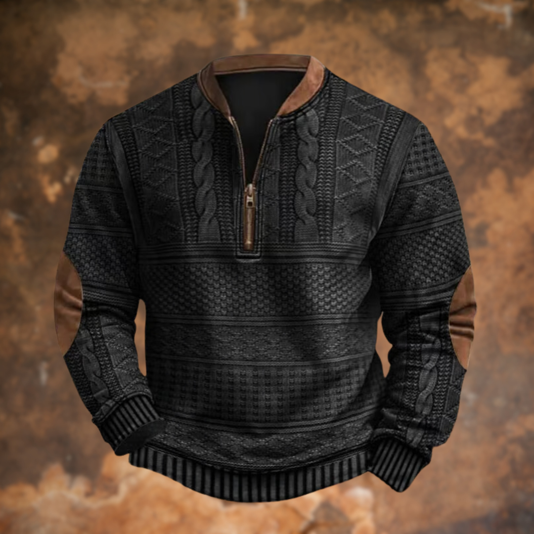 Alessandro | Men's Cozy Knit Sweater with Quarter Zip and Pattern Panels — Black