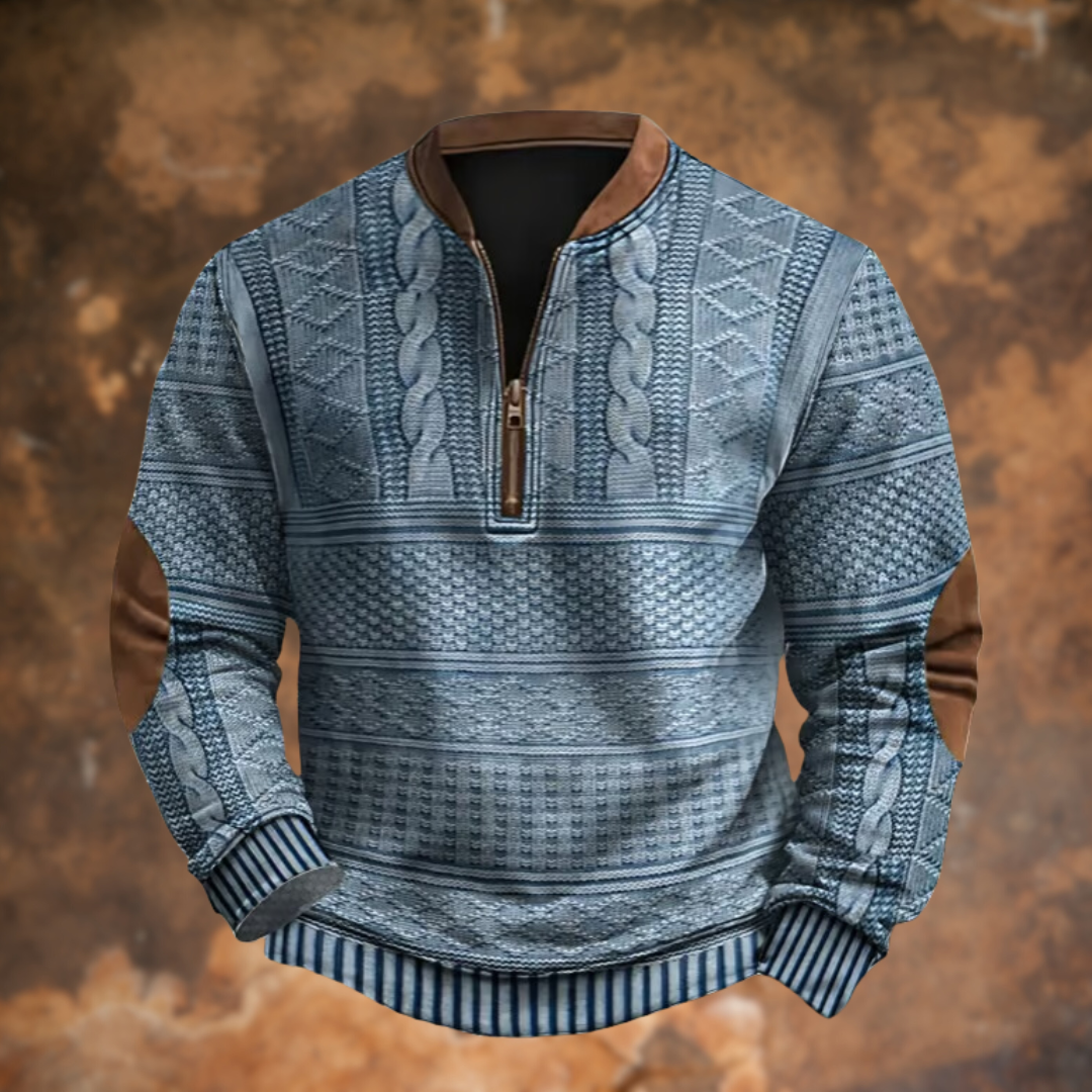 Alessandro | Men's Cozy Knit Sweater with Quarter Zip and Pattern Panels — Blue
