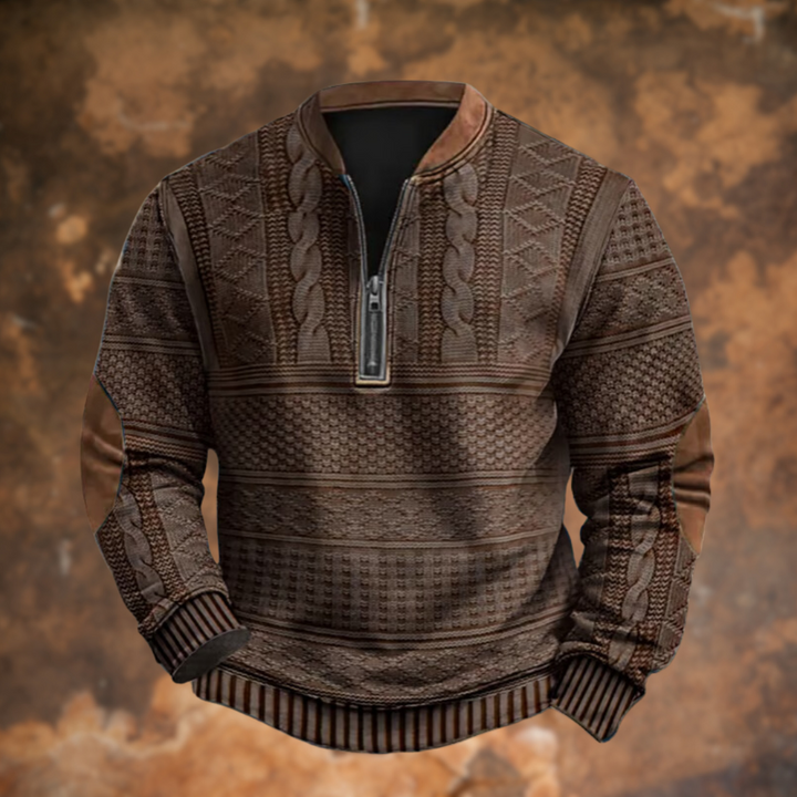 Alessandro | Men's Cozy Knit Sweater with Quarter Zip and Pattern Panels — Brown
