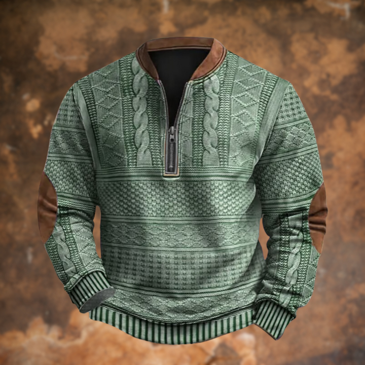Alessandro | Men's Cozy Knit Sweater with Quarter Zip and Pattern Panels — Green