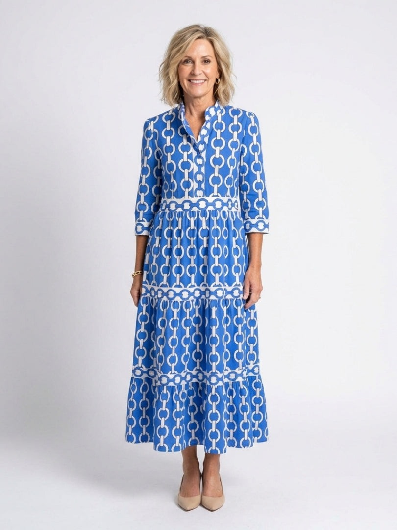 Alessia | Women's Wedding Guest Elegant Chain Print Midi Dress Dresses — Blue