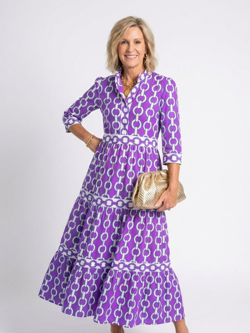 Alessia | Women's Wedding Guest Elegant Chain Print Midi Dress Dresses — Purple