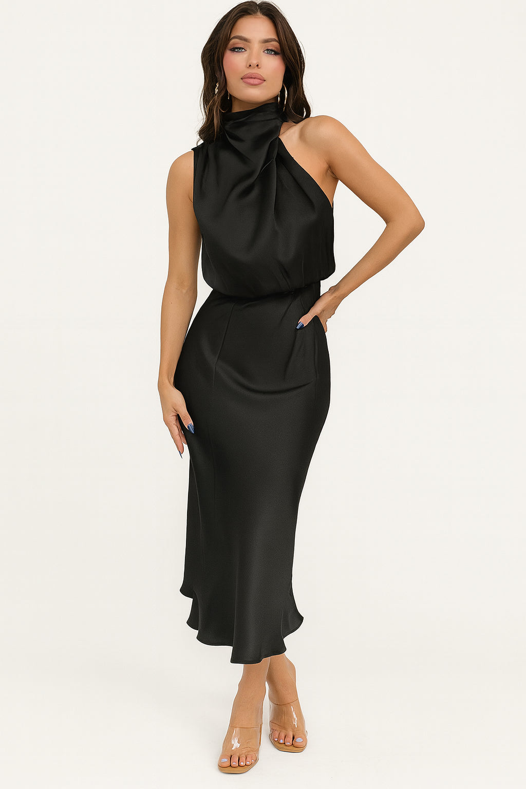 Anastasia | Women's Wedding Guest Elegant Off-Shoulder Satin Midi Dress Dresses — Black