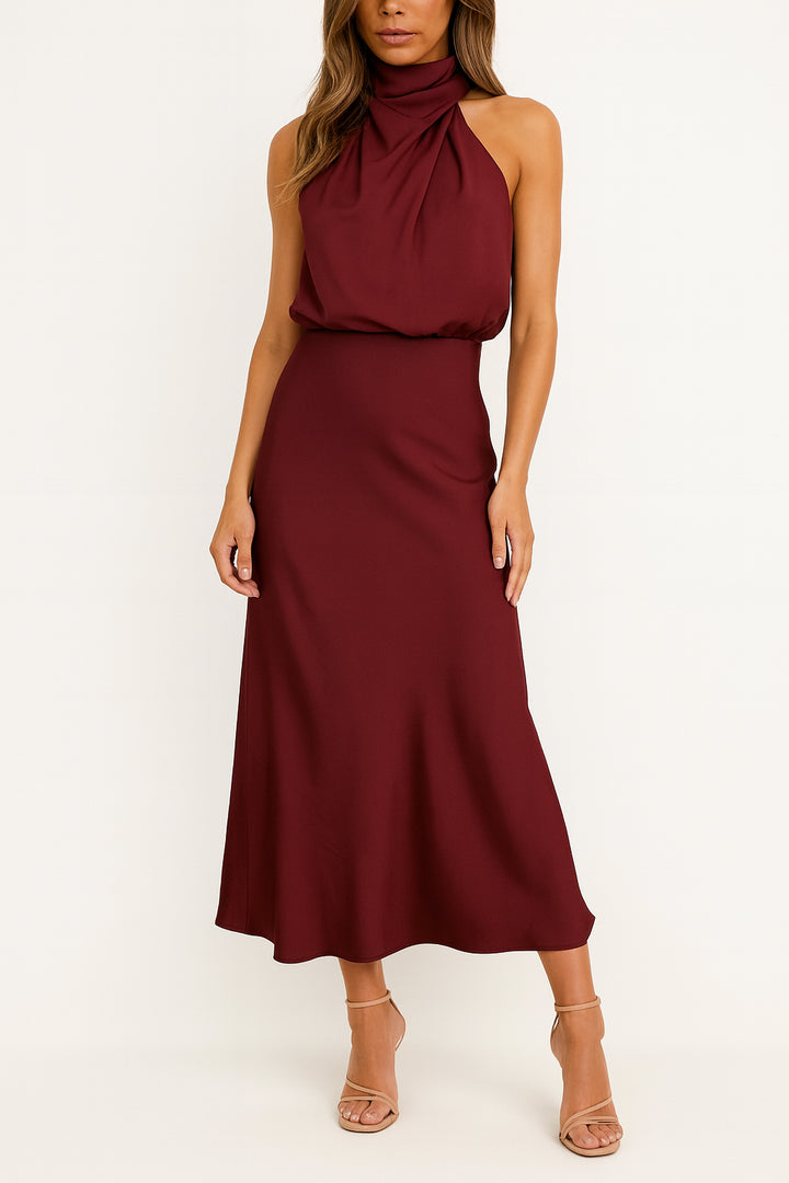 Anastasia | Women's Wedding Guest Elegant Off-Shoulder Satin Midi Dress Dresses — Burgundy