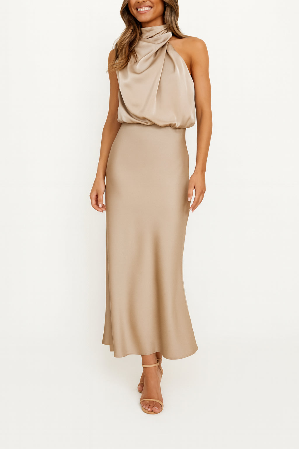 Anastasia | Women's Wedding Guest Elegant Off-Shoulder Satin Midi Dress Dresses — Khaki